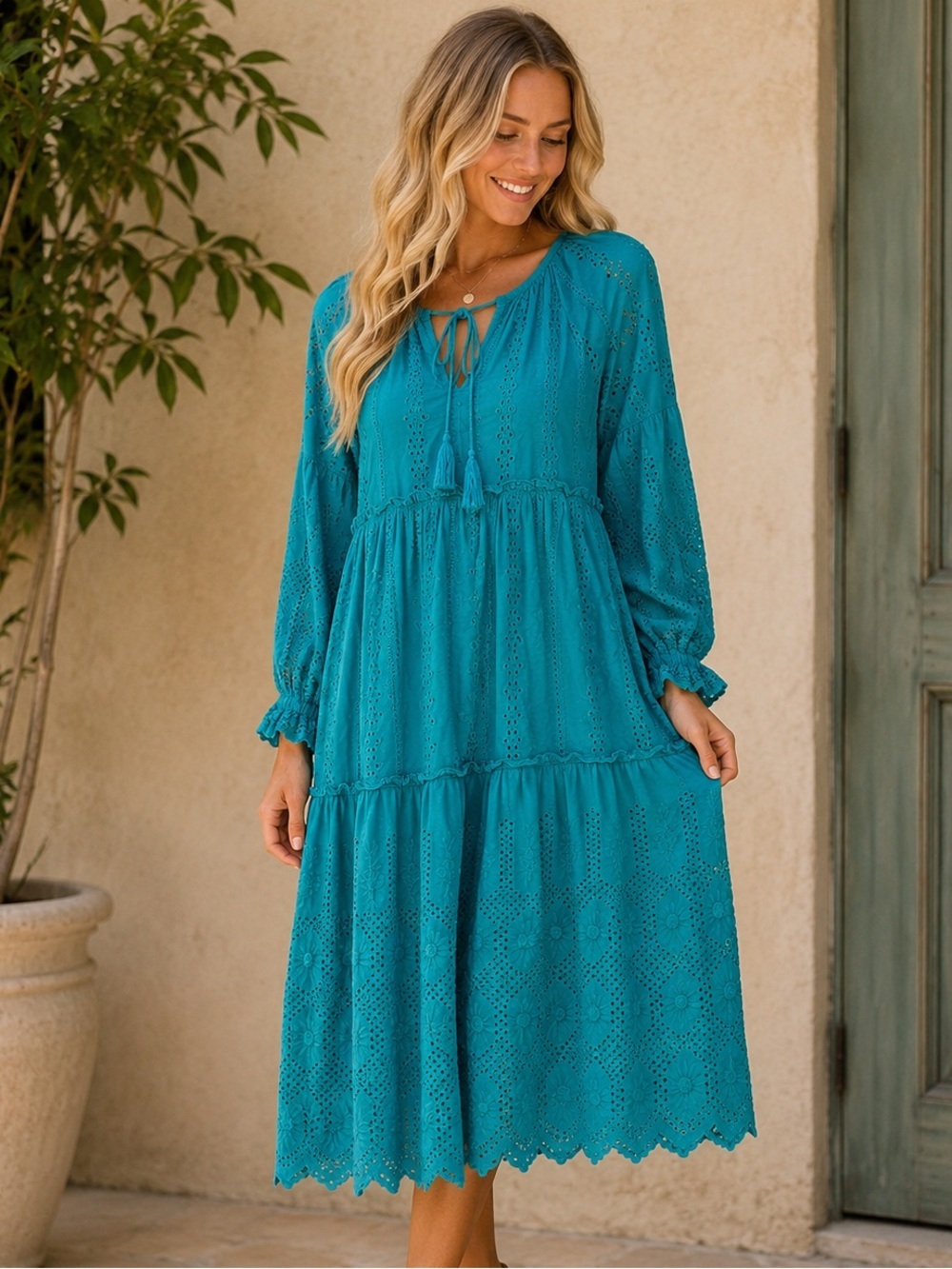 Tolani Teal Eyelet Tiered Midi Dress